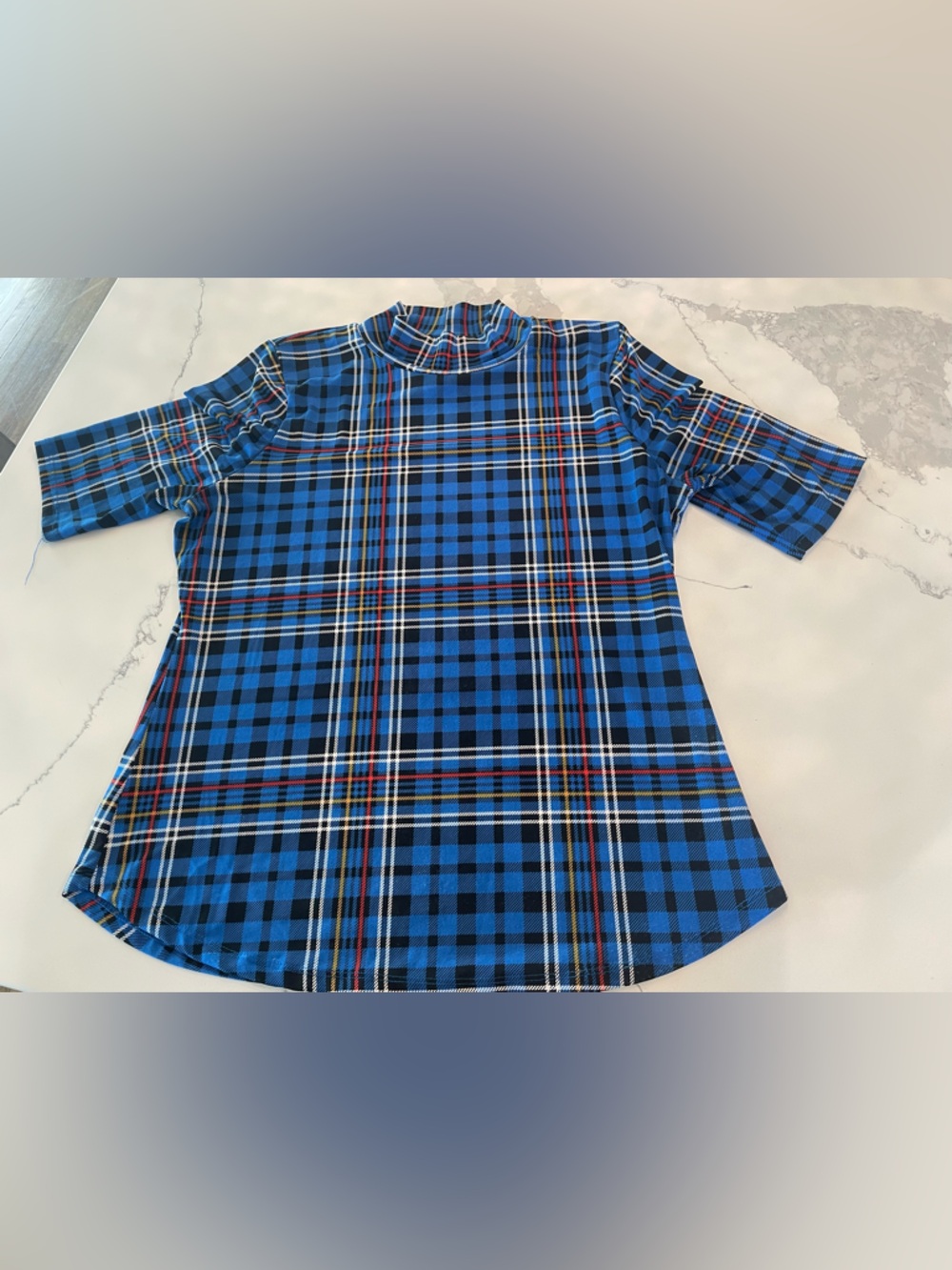 New York & Company Blue Checkered Short Sleeve Top Size Small